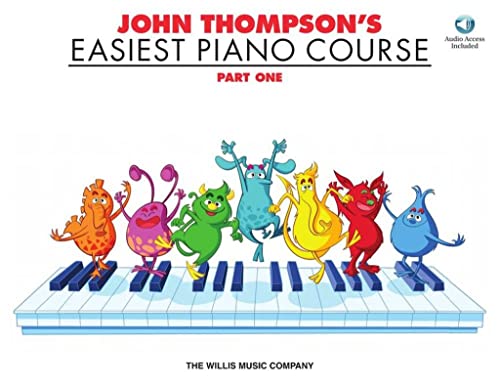 Cover of John Thompson's Easiest Piano Course Part One featuring colorful cartoon monsters on keys.