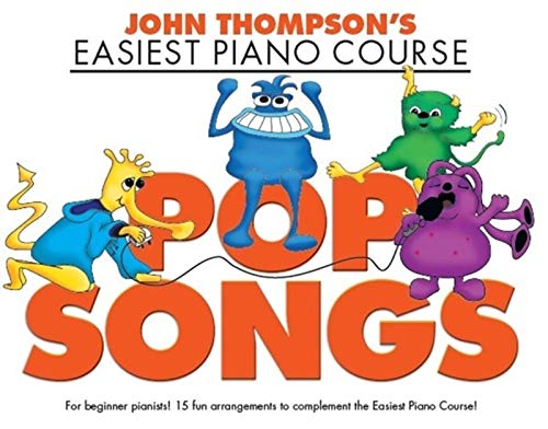 Book cover titled John Thompson's Easiest Piano Course: Pop Songs with colorful cartoon monsters.