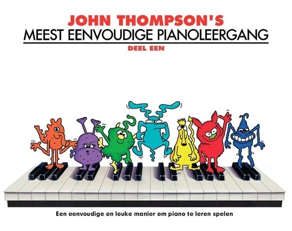 Cover of John Thompson's piano book featuring colorful cartoon monsters standing on piano keys.