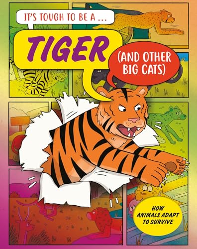 Cartoon illustration of a tiger bursting through a page, with other cats.