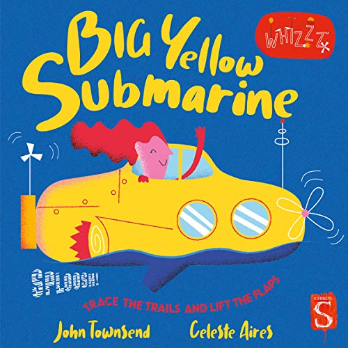 Bright yellow submarine illustration with a smiling pink face and moving lines.