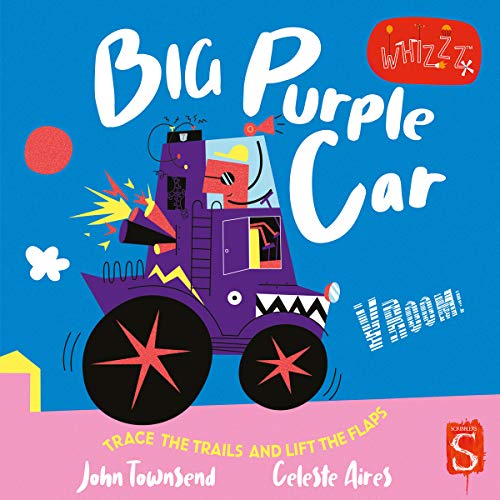 Purple monster truck with large wheels and a smiling face, interactive book.