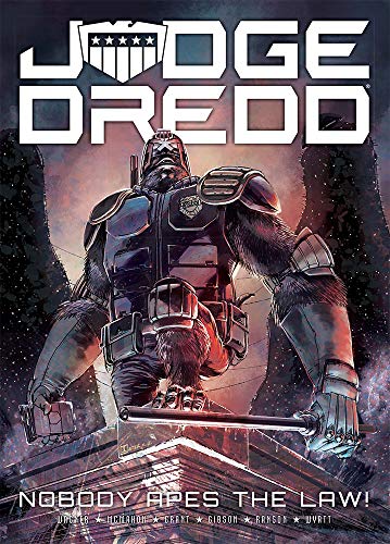 Comic book cover featuring a gorilla Judge Dredd in a futuristic city.