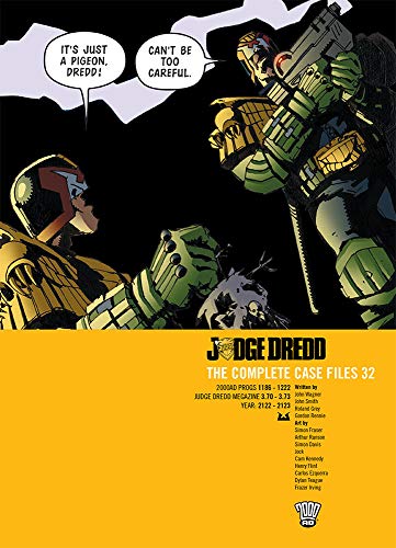 Comic cover showing Judge Dredd holding a gun with text on a yellow background.