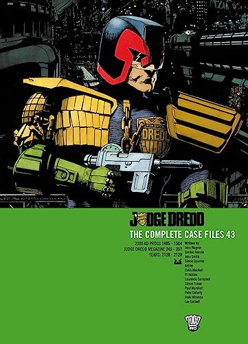 Judge Dredd holding a gun, with text below on a solid green background.