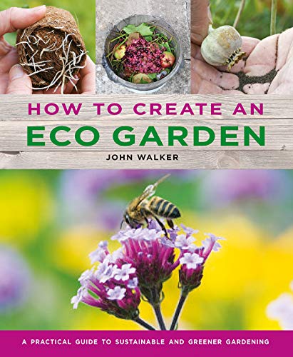 Book cover: “How to Create an Eco Garden” with plants and bee.