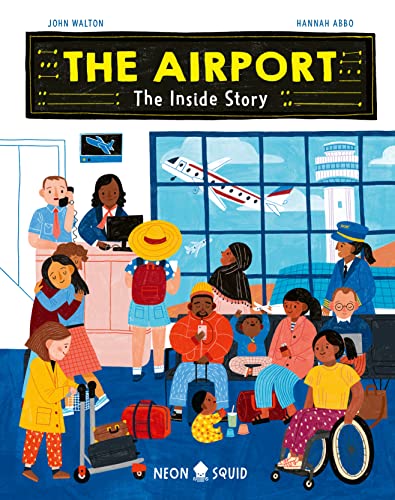 Book cover illustration of a busy airport terminal with diverse travelers and airplanes visible.