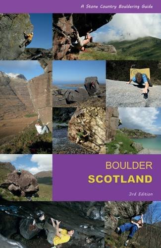 Bouldering guide cover featuring climbers on Scottish stone landscapes.