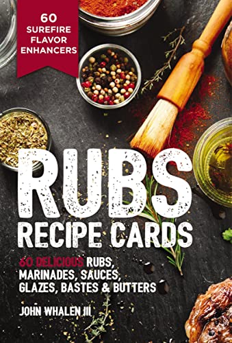 Book cover titled Rubs Recipe Cards featuring spices, a basting brush, and cooking oil.