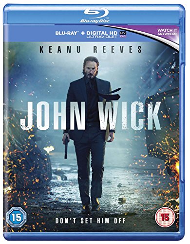 John Wick" Blu-ray cover featuring Keanu Reeves in a suit with a gun.