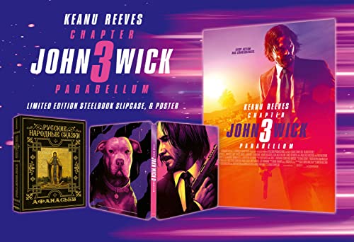 John Wick: Chapter 3 Parabellum steelbook Blu-ray with character art and dog.