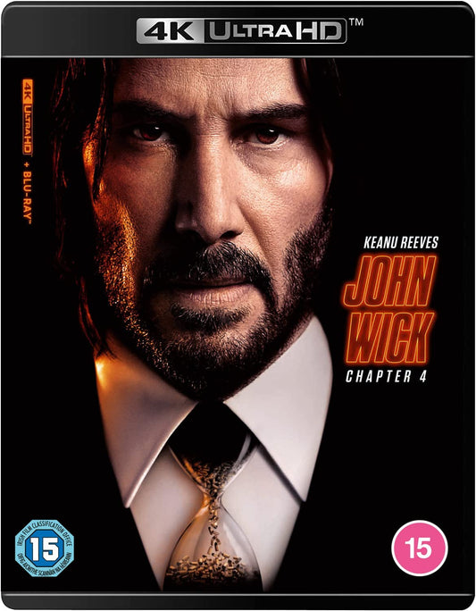 John Wick: Chapter 4 Blu-ray cover featuring Keanu Reeves’ portrait.
