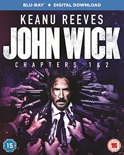 "Blu-ray cover featuring Keanu Reeves as John Wick surrounded by guns and microphones."