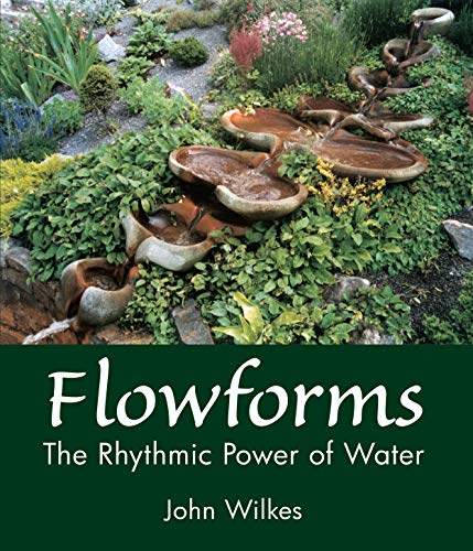 Cascading water feature amidst lush garden greenery, book title “Flowforms” below.