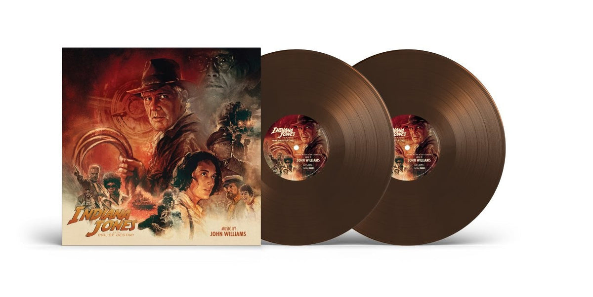 Brown vinyl record of "Indiana Jones and the Dial of Destiny" soundtrack.