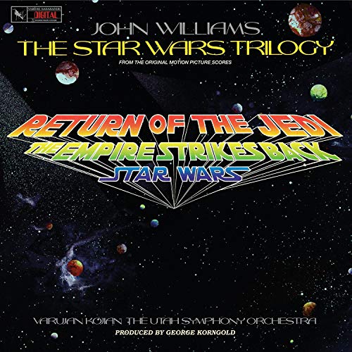 Vinyl cover art for The Star Wars Trilogy featuring space background and film titles.