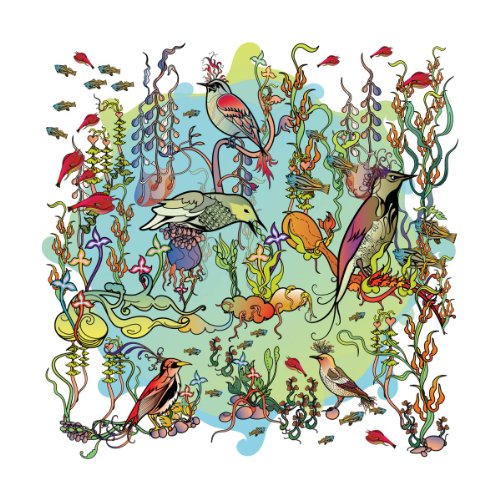 Colorful illustration of various birds amongst stylized plants and flowers.