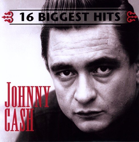 Johnny Cash album cover with black and white portrait and red text overlay.