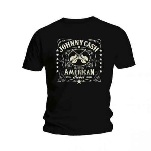 Man wearing a black t-shirt with a Johnny Cash graphic.