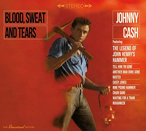 Johnny Cash album cover featuring a man with a pickaxe on a red background.