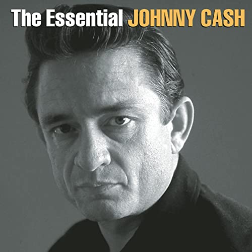 Black and white portrait of Johnny Cash on a CD cover.