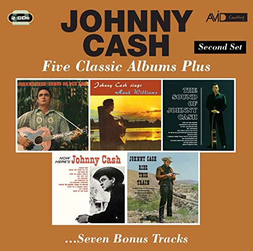 Album cover art featuring five Johnny Cash album covers on a brown background.