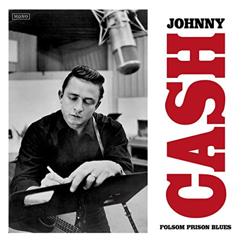 Johnny Cash album cover, black and white photo, red text, guitar.