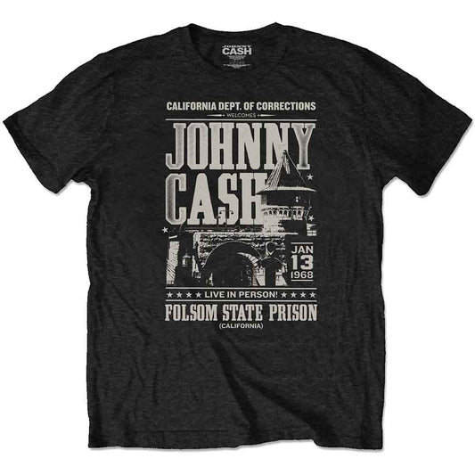 Black t-shirt with a white poster graphic for Johnny Cash at Folsom Prison.