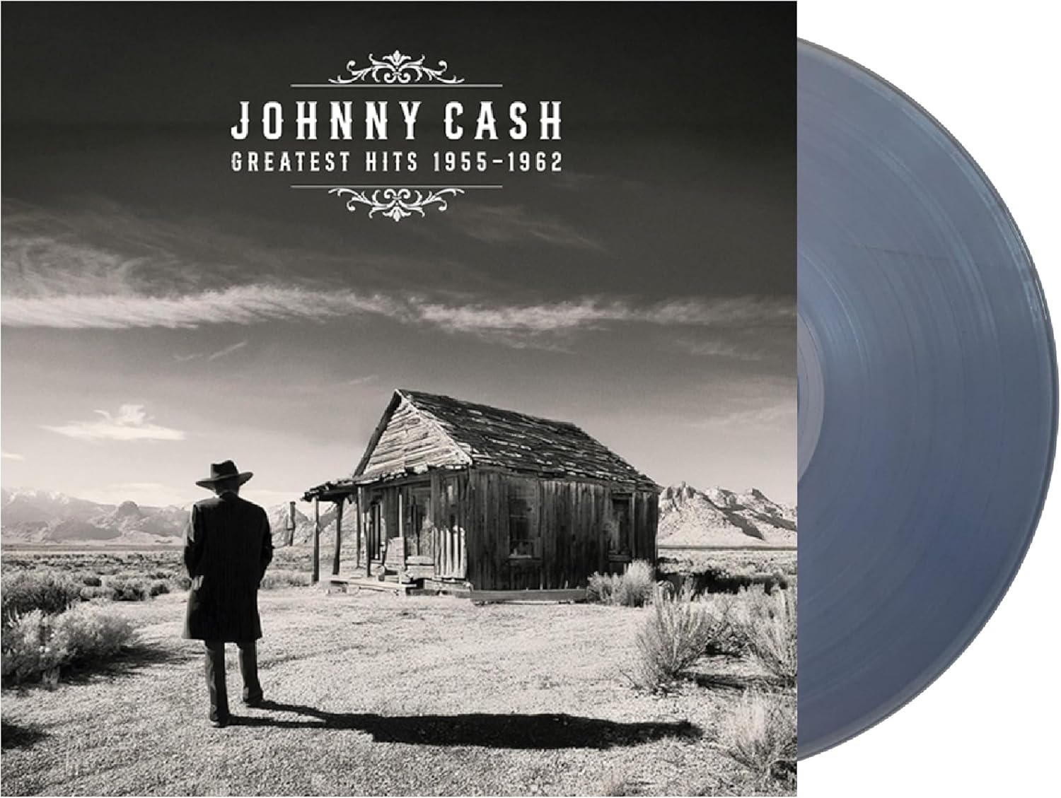 Johnny Cash album cover and a light blue vinyl record.
