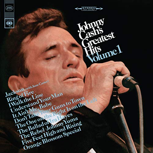 Johnny Cash’s “Greatest Hits, Volume 1” vinyl record cover with his portrait.