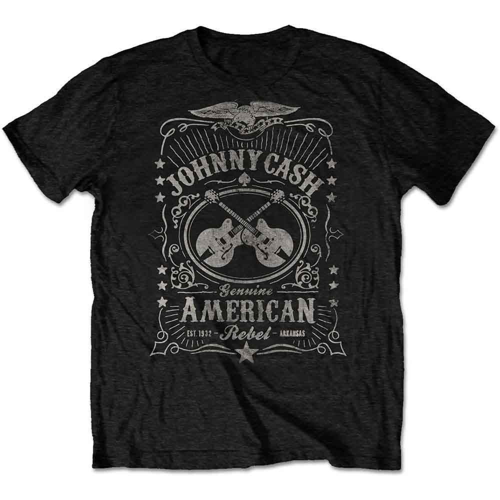 Black t-shirt with a vintage-style Johnny Cash graphic featuring guitars.