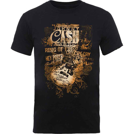 Black t-shirt with a detailed Johnny Cash graphic design on the front.