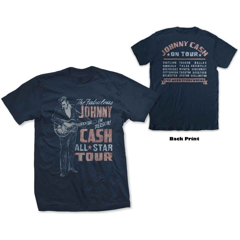 Navy blue t-shirt with a graphic of Johnny Cash playing guitar.