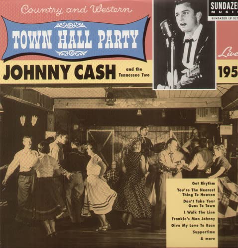 Vintage vinyl album cover featuring Johnny Cash and a country dance hall scene.