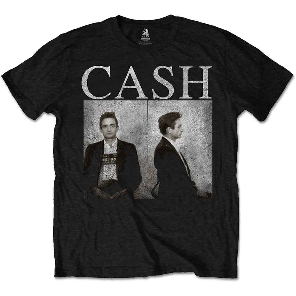 Black t-shirt with a distressed graphic of Johnny Cash mugshots.
