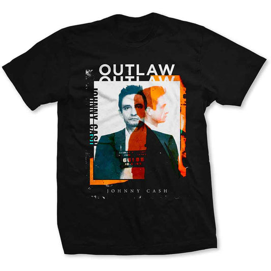 Black t-shirt with a graphic of Johnny Cash in a police photo style.