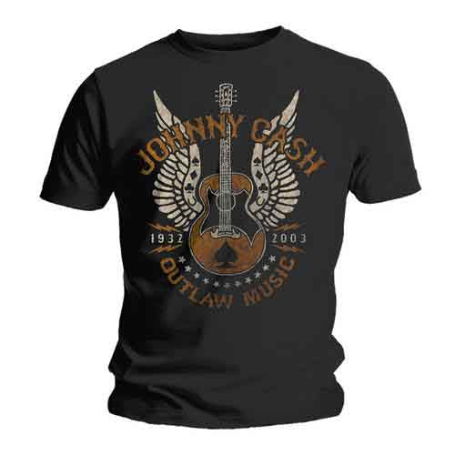 Black t-shirt with a graphic of Johnny Cash, guitar, and wings.