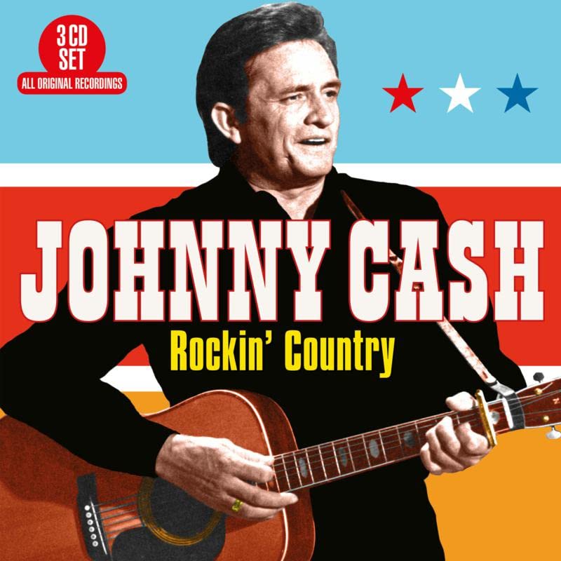 Johnny Cash playing an acoustic guitar on a red, white, and blue album cover.