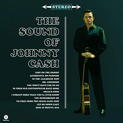 Johnny Cash album cover: black background, portrait, song list below.