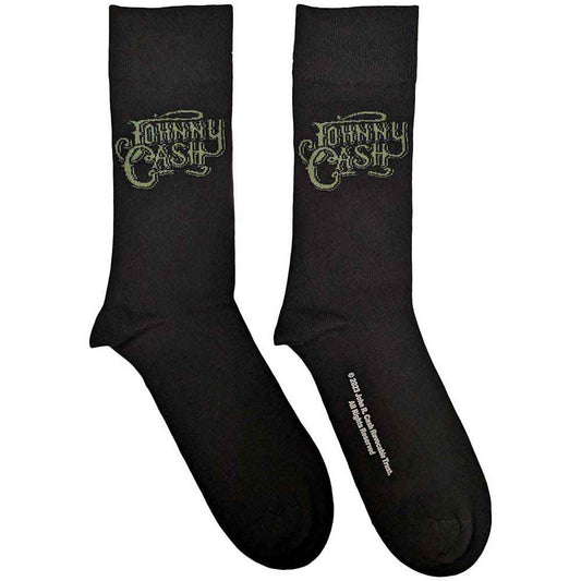 Black ankle socks with repeated gold "Johnny Cash" text logo.