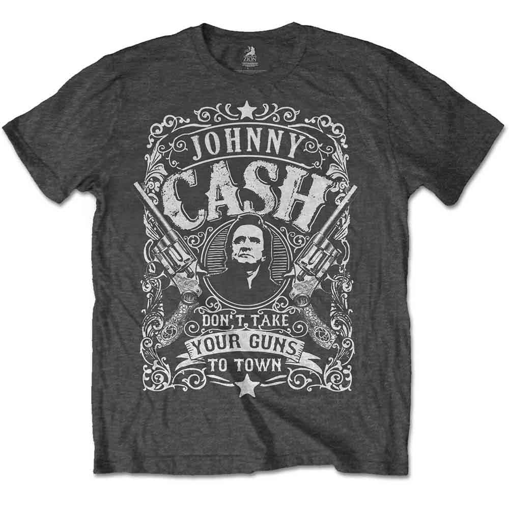 Dark gray t-shirt with Johnny Cash portrait and gun imagery.