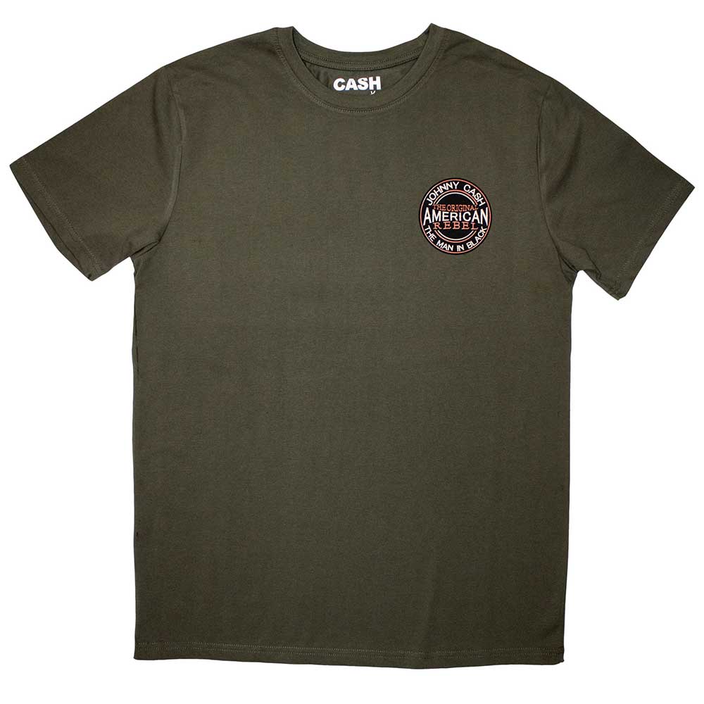 Medium t-shirt with small Johnny Cash "American Rebel" logo graphic.