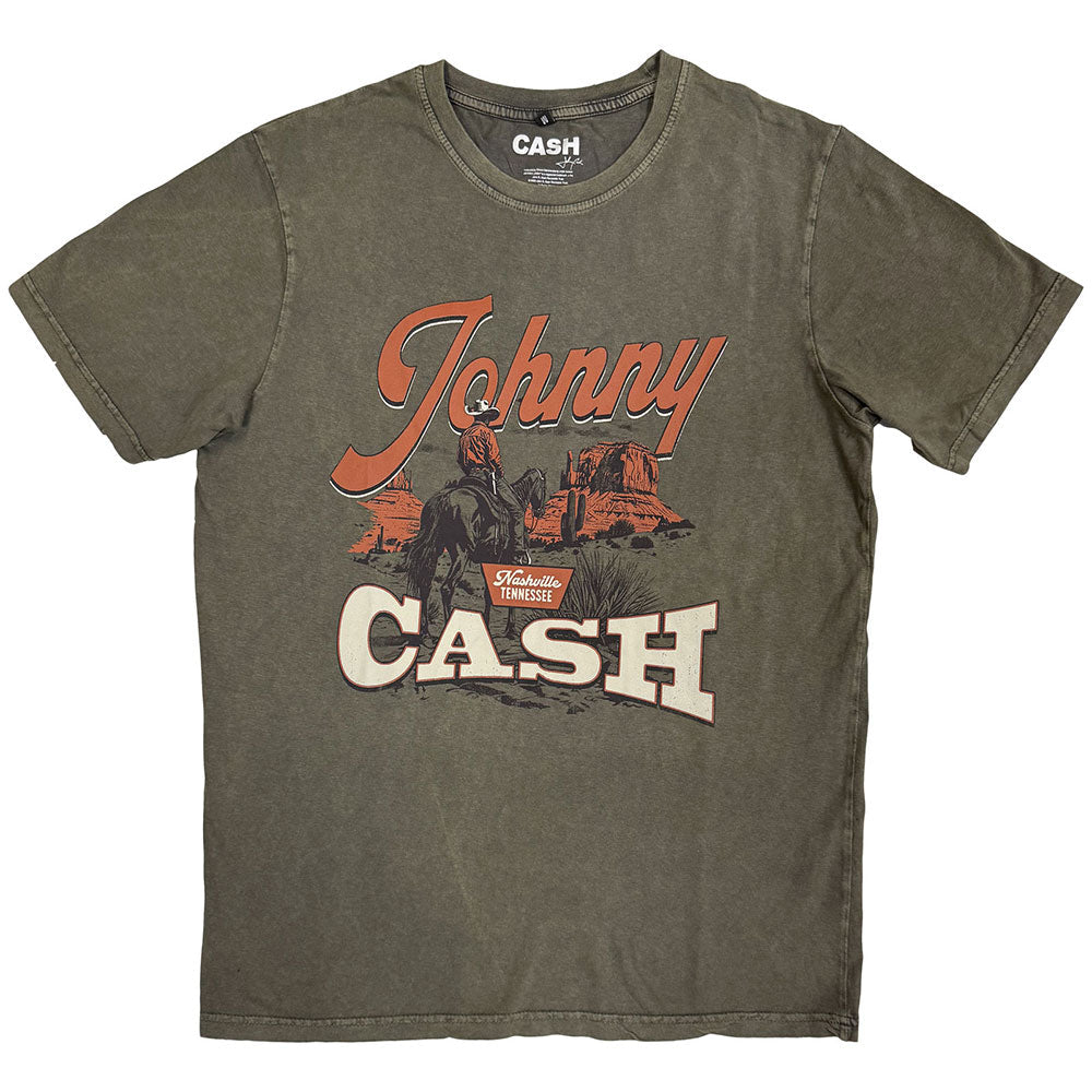 Green stone-washed unisex t-shirt featuring a graphic of Johnny Cash as a desert cowboy.
