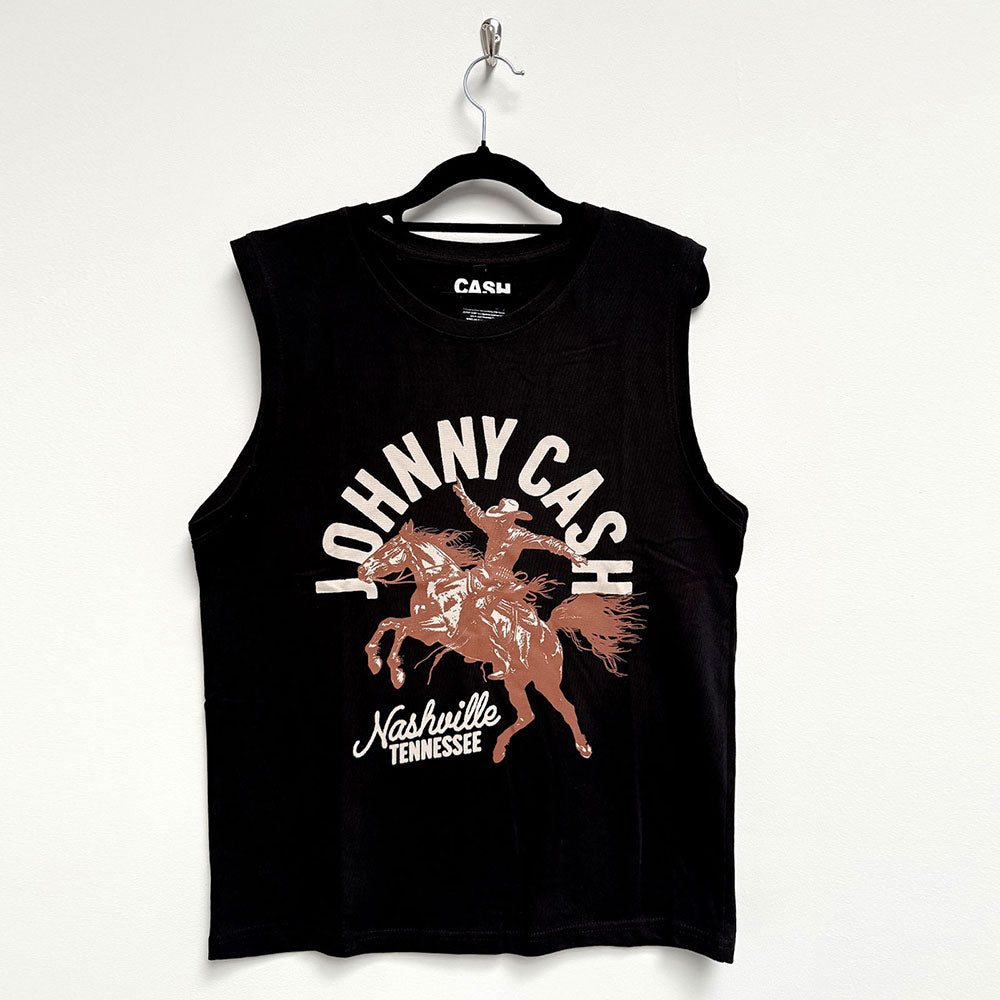 Black unisex tank top featuring a Johnny Cash Nashville concert graphic on the front.