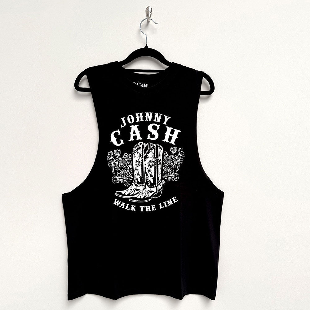 Black t-shirt with Johnny Cash graphic of boots and "Walk The Line".