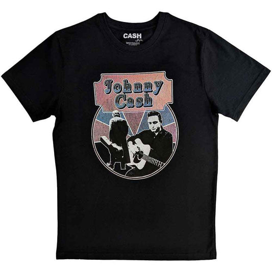Black unisex t-shirt featuring a Johnny Cash graphic with a guitar and portrait.