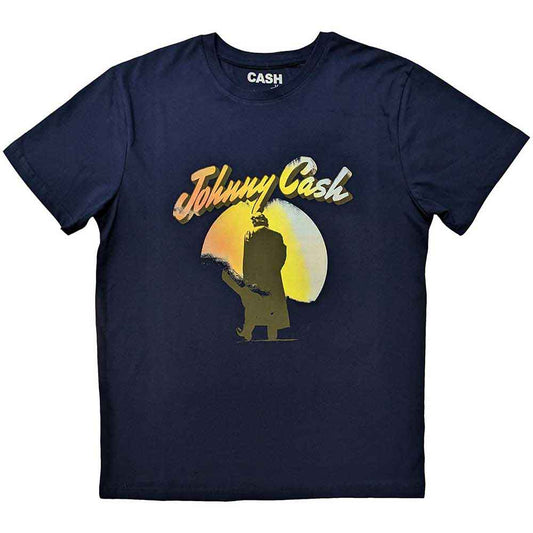 Black unisex t-shirt featuring a graphic of Johnny Cash playing an acoustic guitar.