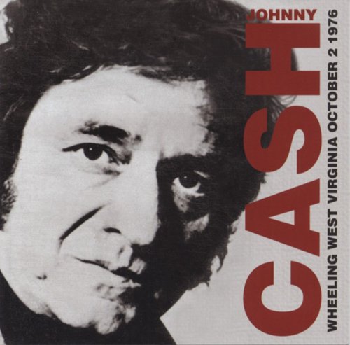Black and white portrait of Johnny Cash on a red and white CD cover.
