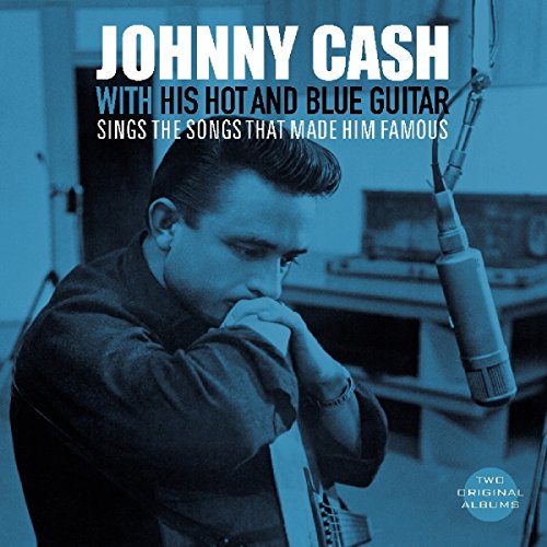 Johnny Cash in a recording studio with a microphone, album cover.