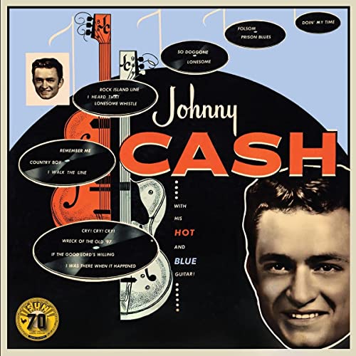 Johnny Cash album cover featuring portraits and guitar illustrations.